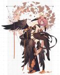  1girl black_hairband black_thighhighs black_wings breasts double_bun feathered_wings hair_bun hairband highres looking_at_viewer medium_breasts no_shoes original parted_lips pink_eyes pink_hair rain_lan revealing_clothes single_thighhigh solo thighhighs wings 