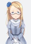  1girl absurdres blue_eyes blue_scrunchie bow dddomatesu dress glasses grey_bow grey_dress hair_ornament hair_scrunchie highres jewelry light_smile long_hair looking_at_viewer mary_(princess_principal) necklace own_hands_together princess_principal scrunchie semi-rimless_eyewear simple_background solo 