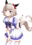  1girl animal_ears commentary curren_chan_(umamusume) highres horse_ears horse_girl horse_tail kiki-yu leaning_forward looking_at_viewer purple_eyes ribbon school_uniform silver_hair simple_background smile solo tail thighhighs tracen_school_uniform umamusume v white_background white_legwear 