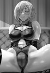  1girl bangs bare_shoulders blush breasts cleavage cleavage_cutout clothing_cutout collar crotch daraz18aka elbow_gloves fate/grand_order fate_(series) gloves greyscale hair_over_one_eye highleg highleg_leotard highres large_breasts leaning_back leotard looking_at_viewer mash_kyrielight metal_collar monochrome navel navel_cutout short_hair solo spread_legs thigh_strap thighs 