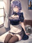  1girl alternate_costume bedroom black_skirt black_thighhighs blue_eyes blue_hair breasts cleavage cleavage_cutout clothing_cutout curtains enmaided garter_straps gotland_(kancolle) highres kantai_collection kotou_yogen large_breasts long_hair looking_at_viewer maid maid_headdress mole mole_under_eye sheep sitting skirt solo thighhighs window wrist_cuffs 