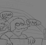 2024 anthro bald baryonyx black_and_white car cavemanon_studios claws dialogue dinosaur duo english_text eyewear female finger_claws hair human i_wani_hug_that_gator inco_(iwhtg) inside_car male mammal monochrome olivia_halford reptile scalie short_hair sketch smile snout spinosaurid sunglasses text theropod unknown_artist vehicle