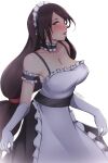  1340smile 1girl alternate_costume breasts choker cleavage dress earrings elbow_gloves english_commentary enmaided final_fantasy final_fantasy_vii frilled_choker frills gloves highres jewelry large_breasts long_hair low-tied_long_hair maid maid_day maid_headdress parted_lips red_eyes simple_background solo tifa_lockhart very_long_hair white_background white_gloves 