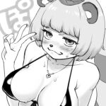  1girl alternate_costume animal_ears animal_nose bikini blunt_bangs blush bob_cut breasts commentary covered_nipples english_commentary forced_smile furrowed_brow greyscale half-closed_eyes halterneck hand_up heart heart_necklace highres jewelry large_breasts leaf leaf_on_head looking_at_viewer magari_(c0rn3r) mode_aim monochrome necklace nose_blush ponpoko_(vtuber) raccoon_ears raccoon_girl raccoon_tail short_hair simple_background solo swimsuit tail tail_raised translation_request upper_body v virtual_youtuber 