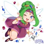  1girl ;d ballet_slippers bangle bangs belt blue_eyes blush bracelet breasts brooch dress eyebrows_visible_through_hair fairy fairy_wings fingernails flying footwear_ribbon foreshortening full_body gem green_belt green_hair hand_up highres jewelry looking_at_viewer medium_hair nail_polish omaru_gyuunyuu one_eye_closed open_mouth panel_de_pon pointy_ears puffy_sleeves purple_dress purple_footwear purple_skirt ruby_(panel_de_pon) sidelocks simple_background skirt small_breasts smile solo tiara waving white_background wings 