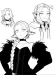  1girl bare_shoulders black_dress bludraws detached_sleeves dress dungeon_meshi earrings elf greyscale hood jewelry long_hair marcille_donato marcille_donato_(lord) monochrome multiple_views neck_ribbon official_alternate_costume pointy_ears ponytail ribbon twintails 