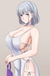  1girl armpit_crease bag bare_arms bare_shoulders blunt_bangs breasts choker collarbone commentary cyka dress english_commentary from_side girls&#039;_frontline grey_background grey_choker grey_dress grey_hair hair_behind_ear half-closed_eyes handbag head_tilt highres holding holding_bag large_breasts looking_at_viewer medium_hair open_mouth parted_bangs purple_bag purple_eyes rpk-16_(girls&#039;_frontline) side-tie_dress sideboob sidelocks simple_background smile solo teeth thighs 