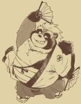  2024 anthro asian_clothing belly canid canine clothing east_asian_clothing footwear garouzuki hi_res japanese_clothing kemono male mammal moobs nipples overweight overweight_male raccoon_dog sandals simple_background smile solo tanuki 
