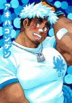  1boy akiha_gongen_(housamo) bandaid bandaid_on_arm bandaid_on_face bandaid_on_nose bara black_gloves black_hair blurry blush bokeh burn_scar character_name dark-skinned_male dark_skin depth_of_field dog_tags facial_hair gloves goatee hand_on_own_head horns huge_eyebrows large_pectorals looking_at_viewer male_focus multicolored_hair muscular muscular_male mystar21 pectorals scar scar_on_arm scar_on_face shirt short_hair sideburns_stubble signature single_horn smile solo stubble tokyo_afterschool_summoners two-tone_hair upper_body white_hair white_shirt 