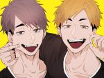  2boys black_shirt blonde_hair cheek_pull collarbone grey_eyes grey_hair haikyuu!! hand_on_another&#039;s_cheek hand_on_another&#039;s_face looking_at_viewer male_focus miya_atsumu miya_osamu multiple_boys open_mouth portrait shirt siblings simple_background smile teeth tongue tongue_out twins wavi_savi yellow_background yellow_eyes 