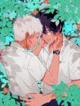  2boys black_hair black_wristband blurry buttons collared_shirt depth_of_field flower hair_between_eyes hand_on_another&#039;s_face highres hikaru_(hikaru_ga_shinda_natsu) hikaru_ga_shinda_natsu leaf light_blush male_focus multiple_boys red_flower school_uniform shirt shkshnk short_hair sweatdrop tears tsujinaka_yoshiki watch white_hair white_shirt wristwatch yaoi 