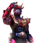  1boy abs antennae armed_hibiki armor belt black_bodysuit black_eyes bodysuit full_armor gloves helmet horns kamen_rider kamen_rider_hibiki kamen_rider_hibiki_(series) male_focus masukudo_(hamamoto_hikaru) red_armor rider_belt solo tokusatsu upper_body 