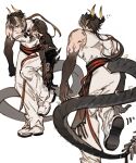  1boy adjusting_footwear arknights armor brown_hair chinese_clothes chong_yue_(arknights) closed_mouth colored_extremities dragon_boy dragon_horns dragon_tail earrings flying_sweatdrops full_body gyulseu highres horns jewelry long_hair long_tail low_ponytail male_focus multicolored_hair multiple_views pauldrons pointy_ears red_eyes rerebrace shoes shoulder_armor simple_background single_pauldron sleeveless sneakers standing standing_on_one_leg streaked_hair tail white_background white_footwear 