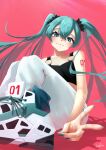  1girl absurdres aqua_eyes aqua_hair aqua_nails black_camisole blue_eyes camisole double-parted_bangs hair_ornament hatsune_miku highres long_hair miku_day pants scrunchie simple_background solo sportswear tattoo twintails v very_long_hair vocaloid white_footwear white_pants yurakusai 