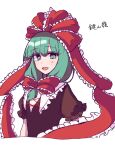  1girl bow character_name frilled_bow frilled_ribbon frills front_ponytail green_eyes green_hair hair_ribbon highres kagiyama_hina kitsunegi0891 looking_at_viewer puffy_short_sleeves puffy_sleeves red_bow red_ribbon ribbon short_sleeves simple_background smile solo touhou white_background 