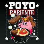  black_background blush_stickers brown_hat colored_skin cooking cowboy_hat food grill grilling hat highres kirby kirby_(series) lolo_aburto no_humans outline pink_skin solid_oval_eyes spanish_commentary star_(symbol) steak white_outline 