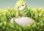  1girl bangs blue_sky blurry blurry_foreground bob_cut closed_mouth colored_skin commentary dated day flat_chest flower french_text full_body gardevoir gen_3_pokemon gradient_sky green_hair green_skin hair_between_eyes half-closed_eyes hand_up happy holding holding_flower lily_of_the_valley looking_to_the_side lotosu multicolored multicolored_skin outdoors pokemon pokemon_(creature) red_eyes shiny shiny_hair short_hair sitting sky smile solo translated two-tone_skin white_flower white_skin 