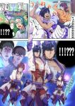  !? 2girls 3boys absurdres animal_ears arm_up bike_shorts black_eyes black_hair blue_choker blue_headwear blue_legwear brown_eyes brown_hair choker city_hunter closed_mouth collarbone common_race_outfit_(umamusume) cosplay crossover fake_animal_ears garter_straps green_hair hair_over_one_eye hammer hand_on_hip highres holding holding_hammer horse_ears horse_girl index_finger_raised long_hair looking_at_viewer makimura_kaori motion_blur multiple_boys multiple_girls pleated_skirt red_hair red_shorts rice_shower_(umamusume) running saeba_ryou school_uniform short_hair shorts skirt speech_bubble standing tilted_headwear tracen_school_uniform translation_request umamusume white_skirt yuu_(masarunomori) 