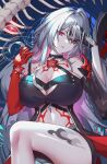  1girl acheron_(honkai:_star_rail) bare_shoulders black_choker breasts choker cleavage commentary_request detached_sleeves flower head_tilt highres honkai:_star_rail honkai_(series) large_breasts leg_tattoo long_hair looking_at_viewer midriff misheng_liu_yin official_alternate_color parted_lips red_eyes red_flower short_sleeves solo stomach tattoo thighs very_long_hair white_hair 