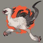  animal_focus beak bird bul_(moiko) claws colored_sclera feathers from_side full_body grey_background grey_sclera highres looking_ahead no_humans open_mouth original profile red_eyes running scales signature simple_background solo tail 