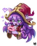  1girl :d artist_name cropped_torso fang food green_eyes hair_between_eyes hat highres league_of_legends long_hair lulu_(league_of_legends) muffin open_mouth pointy_ears purple_hair red_hat smile solo tears tuxedo_de_cat yordle 
