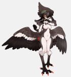  1girl bird_girl bird_legs bird_tail bird_wings black_choker black_hair bright_pupils bul_(moiko) choker collarbone digitigrade feathered_wings furry furry_female hair_over_one_eye hand_on_own_head hand_up highres knees_together_feet_apart laurel_crown looking_at_viewer low_wings medium_hair navel one_eye_covered open_mouth orange_nails original simple_background smile solo standing tail talons white_background white_pupils wings 