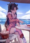  1girl absurdres bangs beach black_hair breasts earrings fate/grand_order fate_(series) fur-trimmed_hood fur-trimmed_legwear fur_trim hair_ribbon highres hood hoop_earrings ishtar_(fate)_(all) ishtar_(swimsuit_rider)_(fate) jacket jewelry lang_che long_hair medium_breasts parted_bangs pink_jacket pink_legwear red_eyes ribbon single_thighhigh sitting smile solo_focus swimsuit table thighhighs tiara two_side_up white_swimsuit 