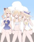  3girls 5mi_gi absurdres ahoge barbara_(genshin_impact) bare_shoulders bikini blonde_hair blush bow breasts casual_one-piece_swimsuit cleavage closed_eyes cloud eyebrows_visible_through_hair genshin_impact hair_bow hair_ornament hand_on_own_chest hat hat_bow highres jean_(genshin_impact) lumine_(genshin_impact) multiple_girls one-piece_swimsuit one_eye_closed open_mouth ponytail short_hair_with_long_locks siblings sisters sitting smile swimsuit tied_hair v 