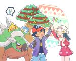  1boy 1girl :d arm_up ash_ketchum bangs baseball_cap beanie black_hair blue_pants blush christmas closed_eyes coat commentary_request dawn_(pokemon) dododo_dadada eyelashes fingerless_gloves gen_1_pokemon gen_4_pokemon gloves hair_ornament hairclip hat high_five jacket long_hair long_sleeves lying notice_lines on_stomach open_clothes open_jacket open_mouth pants pikachu piplup pokemon pokemon_(anime) pokemon_(creature) pokemon_dppt_(anime) red_coat red_headwear scarf short_hair smile sweatdrop tongue torterra tree white_headwear white_scarf winter_clothes 