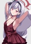 1girl absurdres armpits arms_up blue_archive blush breasts caramellate dress earrings english_commentary grey_hair halo highres jewelry long_hair looking_at_viewer low-cut mesugaki mutsuki_(blue_archive) mutsuki_(dress)_(blue_archive) official_alternate_costume pearl_earrings pink_eyes pointy_ears red_dress red_halo shawl side_ponytail simple_background sleeveless sleeveless_dress small_breasts smile solo sweat tongue tongue_out upper_body wavy_ends white_background white_fur 