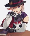 1boy bishounen black_gloves card genshin_impact gloves hat highres looking_at_viewer lyney_(genshin_impact) male_focus nekorin_chu open_mouth playing_card purple_eyes red_ribbon ribbon simple_background solo table top_hat white_background 