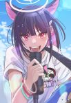  1girl animal_ears black_hair blue_archive blue_sky blurry bracelet cat_ears cat_girl clothes_writing cloud colored_inner_hair commentary_request day extra_ears halo highres holding holding_microphone jewelry kazusa_(band)_(blue_archive) kazusa_(blue_archive) looking_at_viewer microphone multicolored_hair nikulas_cage official_alternate_costume open_mouth outdoors pink_eyes pink_hair pink_halo shirt short_hair sky solo two-tone_hair upper_body white_shirt 