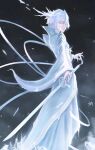  1girl absurdres bankai bleach bleach:_sennen_kessen-hen colored_eyelashes cryokinesis crystal_sword full_body hair_between_eyes hakka_no_togame_(bankai) hei_mao_dan_dan highres ice ice_flower japanese_clothes kimono kuchiki_rukia long_ribbon looking_at_viewer ribbon sash shinigami short_hair solo sword weapon white_eyes white_hair white_kimono white_ribbon white_sash zanpakutou 