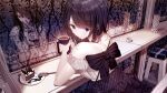  atha black_hair bow cake drink food long_hair original purple_eyes reflection short_hair skirt 