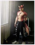 abs athletic canid canine exercise fox gym hi_res kiloart lifting mammal pecs red shirtless workout