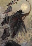  1other ambiguous_gender armor black_pants blood bloodborne commentary_request glowing glowing_eye grass grey_hair gun hat highres holding holding_gun holding_weapon long_hair nira_(nira_box) pants red_eyes solo standing sword the_old_hunters very_long_hair weapon 