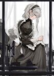  1girl apron apron_lift black_dress blue_eyes clothes_lift commentary_request curtains dress earrings frills from_side grey_hair hair_behind_ear highres jewelry long_hair maid maid_apron maid_day marumoru original puffy_sleeves sewing sewing_machine sewing_pin skirt skirt_lift solo spool thread window 