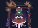  1girl absurdres alternate_costume bow closed_eyes dress fire frilled_dress frilled_ribbon frills front_ponytail green_hair hair_bow hair_ribbon highres kagiyama_hina lifted_by_self no_noru purple_background purple_fire ribbon solo torii touhou 