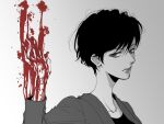  1girl abstract akeboshi_miki bleeding blood blood_on_hands expressionless eyebrows_behind_hair greyscale higashiyama_kazuko lips lipstick looking_to_the_side makeup monochrome mozu_(tv_series) pixie_cut short_hair solo spot_color upper_body 