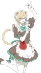  1boy aventurine_(honkai:_star_rail) blonde_hair blood blood_on_clothes cat_boy crossdressing dress honkai:_star_rail honkai_(series) injury maid male_focus male_maid microphone multicolored_eyes otoko_no_ko short_hair solo yasuoka_(alginacyan) 