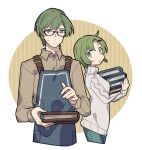  1boy 1girl apron black-framed_eyewear book book_stack brown_shirt character_request collared_shirt commentary earrings eyelashes fire_emblem fire_emblem:_genealogy_of_the_holy_war glasses green_eyes green_hair haconeri holding holding_book hoop_earrings jewelry medium_hair open_mouth shirt sweat sweater symbol-only_commentary turtleneck turtleneck_sweater white_sweater 