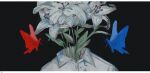 absurdres black_background blue_butterfly bug butterfly collared_shirt commentary flower flower_request highres ikura_donburi_(mmom_x) insect no_humans original plant red_butterfly shirt simple_background symbol-only_commentary white_flower white_shirt 