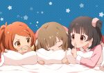  3girls ahoge black_hair blue_background blush brown_eyes brown_hair buchi_(y0u0ri_) chestnut_mouth closed_eyes covered_mouth futon hair_ornament hair_scrunchie highres idolmaster idolmaster_million_live! idolmaster_million_live!_theater_days index_finger_raised long_hair long_sleeves looking_at_another lying multiple_girls nakatani_iku ogami_tamaki on_stomach one_side_up orange_hair pajamas pillow pink_pajamas pink_scrunchie polka_dot polka_dot_background scrunchie short_hair sleeping starry_background suou_momoko sweatdrop v-shaped_eyebrows 