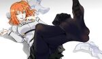  1girl :d bangs black_legwear black_skirt blush chaldea_uniform commentary_request crossed_ankles eyebrows_visible_through_hair fate/grand_order fate_(series) feet foot_focus foreshortening fujimaru_ritsuka_(female) hair_between_eyes hair_ornament hair_scrunchie highres jacket legs_up long_hair long_sleeves looking_to_the_side lying miniskirt no_shoes on_back open_mouth orange_eyes orange_hair orange_scrunchie panties panties_under_pantyhose pantyhose pleated_skirt ruukii_drift scrunchie shiny shiny_hair shoes_removed side_ponytail skirt smile soles solo spread_toes toes underwear white_jacket 