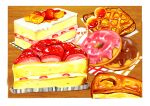  absurdres bear cake cake_slice chocolate_icing doughnut food food_focus fruit highres nanakoro0402 no_humans original pastry skewer strawberry strawberry_shortcake undersized_animal waffle 