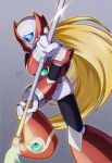  1boy armor artist_logo blonde_hair blue_eyes boots chest_jewel dwn0001130 energy_blade forehead_jewel glaze_artifacts helmet highres holding holding_polearm holding_weapon long_hair mega_man_(series) mega_man_x_(series) polearm red_armor red_footwear red_helmet shoulder_armor solo weapon zero_(mega_man) 