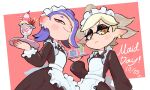  2girls apron black_dress bow-shaped_hair dress drink earrings food frilled_apron frills highres holding holding_tray ice_cream inkling jewelry maid maid_apron maid_headdress marie_(splatoon) mole mole_under_eye multiple_earrings multiple_girls object_on_head octoling ooorangeocto99 shiver_(splatoon) splatoon_(series) splatoon_1 splatoon_2 splatoon_3 suction_cups tentacle_hair tooth_earrings tray white_apron wrist_cuffs 
