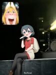  2girls absurdres animal_ears bereal black_hair blonde_hair blue_eyes blush chis_(js60216) concert drum drum_set fan_screaming_at_madison_beer_(meme) gloves hat hat_feather helmet highres holding holding_microphone inset instrument kaban_(kemono_friends) kemono_friends meme microphone multiple_girls music open_mouth photo_background pith_helmet red_shirt screaming serval_(kemono_friends) serval_print shirt short_hair shorts singing stage tail 