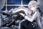  blue_eyes bow couch goth-loli gray_hair iren_lovel lolita_fashion long_hair night original shirt sky stars 