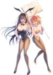  2girls ahoge animal_ears aozaki_aoko black_bow black_bowtie bow bowtie breasts cleavage command_spell dai4kabe detached_collar fate/grand_order fate_(series) fishnet_pantyhose fishnets fujimaru_ritsuka_(female) hair_intakes high_heels holding holding_sign large_breasts long_hair multiple_girls one_side_up pantyhose playboy_bunny rabbit_ears rabbit_tail sign tail wrist_cuffs yellow_bow yellow_bowtie 